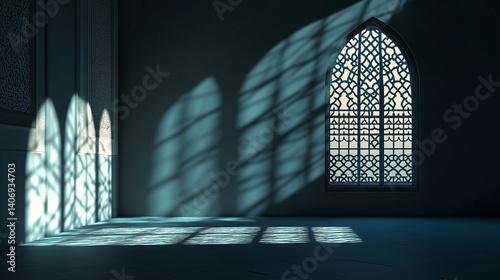 Islamic background design mosque window with light shadow, islamic background, mosque background, islamic copy space background, ai generated