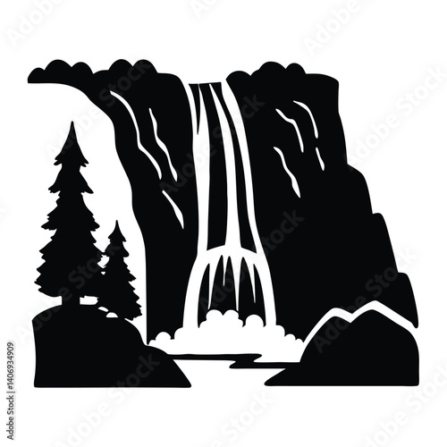 Black and white silhouette of waterfall, bold vector nature scene design for digital and print use