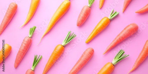 many orange carrots on colored background, top view