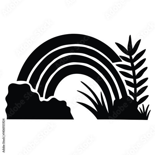 Black and white silhouette of rainbow, bold vector nature scene design for digital and print use