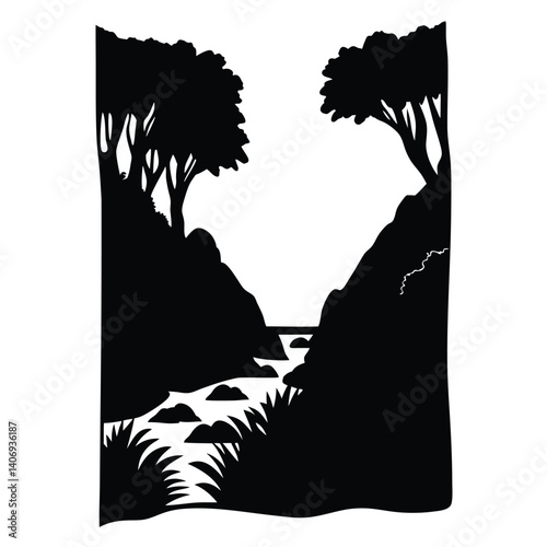 Black and white silhouette of forest, bold vector nature scene design for digital and print use
