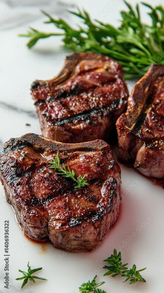 Grilled lamb chops, seasoned and garnished with fresh rosemary. Grilled lamb chops, seasoned and garnished with fresh rosemary.