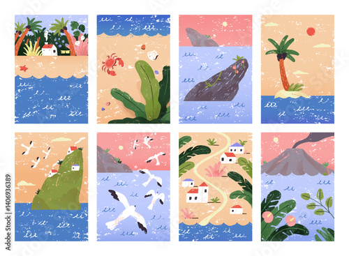 Set of postcard designs with tropical island landscapes. Cards with hand drawing exotic plants, palm tree, houses on beach of the ocean. Sea travel, summer vacation trip. Flat vector illustrations