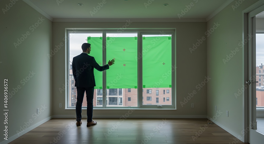Sophisticated professional presents green screen view in an empty apartment Sophisticated professional presents green screen view in an empty apartment