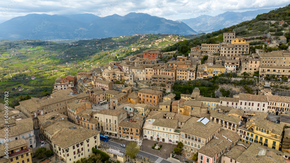 Aerial view of houses in the town of Arpino, located in the province of Frosinone in Lazio, Italy.