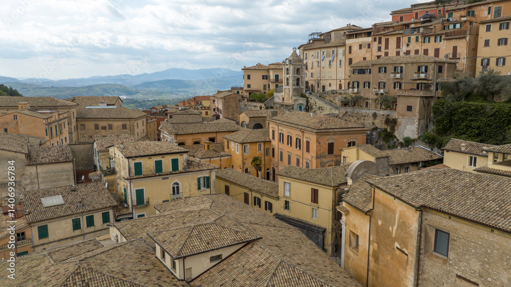 Aerial view of houses in the town of Arpino, located in the province of Frosinone in Lazio, Italy.