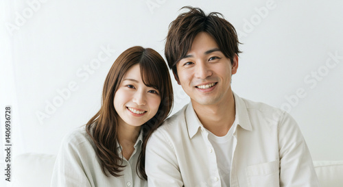 笑顔で寄り添う若い男女のカップル。友達、パートナー、恋人、結婚、新婚イメージ。