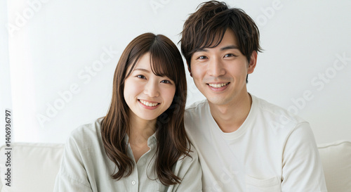 笑顔で寄り添う若い男女のカップル。友達、パートナー、恋人、結婚、新婚イメージ。