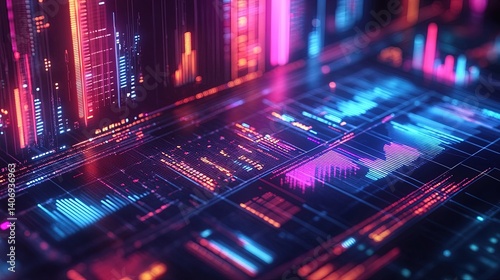 Wallpaper Mural A futuristic isometric chart displaying multi-level business data in neon tones Torontodigital.ca
