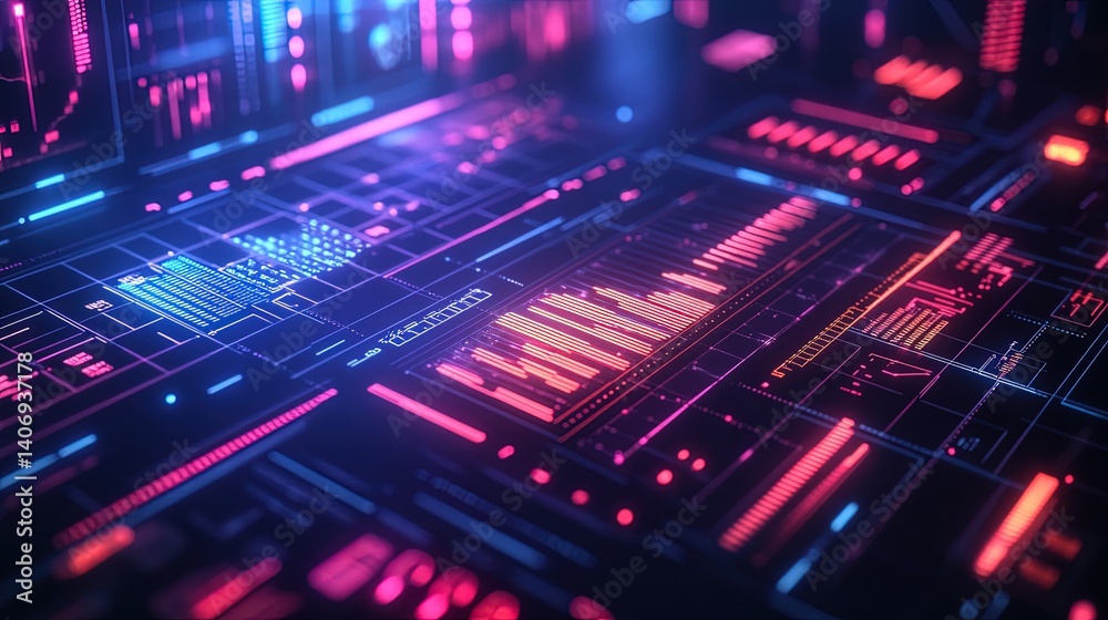 A futuristic isometric chart displaying multi-level business data in neon tones A futuristic isometric chart displaying multi-level business data in neon tones