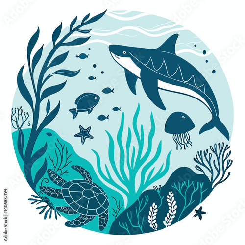 Seamless vector pattern of cartoon fish and marine animals in a tropical underwater world illustration
