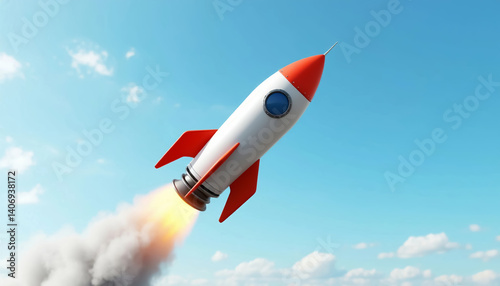 A vibrant red and white rocket soars through a clear blue sky, leaving a trail of smoke, symbolizing ambition, innovation, and the pursuit of new horizons.