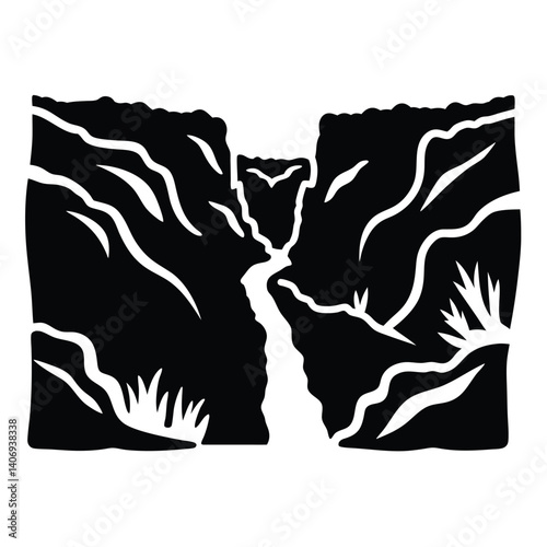 Black and white silhouette of river, bold vector nature scene design for digital and print use