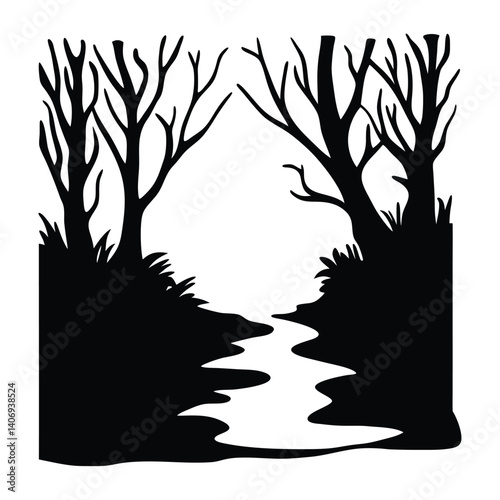Black and white silhouette of valley, bold vector nature scene design for digital and print use