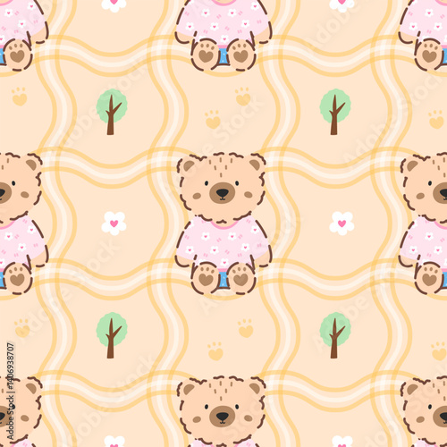 Cute teddy bear bg with mushrooms and forest elements, Seamless pattern in kawaii. Vector design for autumn fabrics and kids products