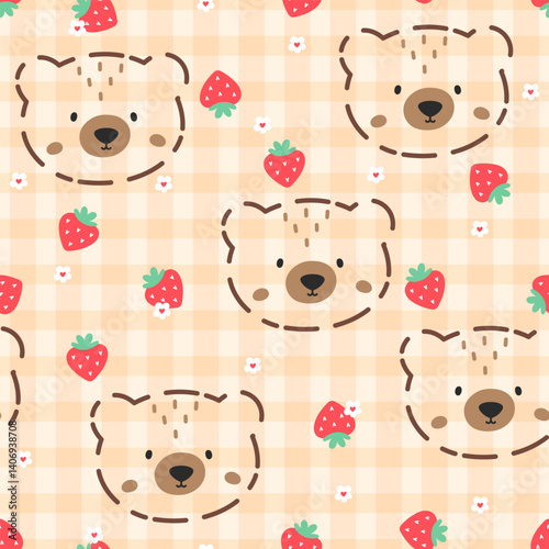 Kawaii bear seamless pattern featuring berry and gingham in a cozy style. Ideal for textile, wrapping, and baby-themed products