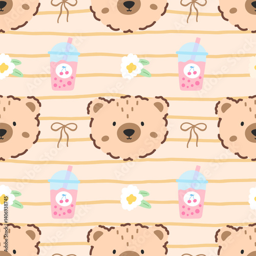Kawaii Seamless pattern berry and bubble tea in pastel colors. Vector bg for Valentine Day, children clothing, nursery items, and wrapping paper