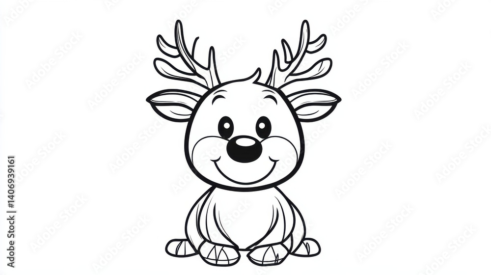 Naklejka premium A cheerful reindeer standing in a snowy landscape, surrounded by Christmas trees and snowflakes. The illustration embodies a festive and joyful spirit.