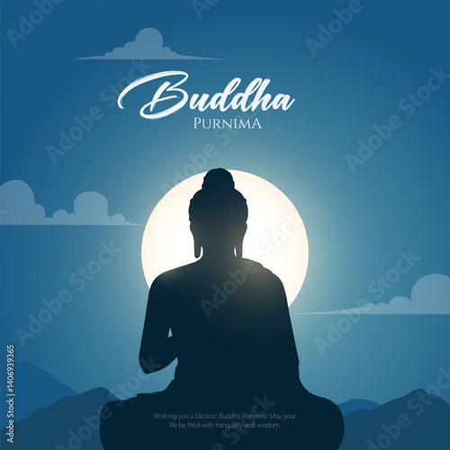Happy Vesak Day, Buddha Purnima wishes greetings with buddha and lotus illustration. Happy Buddha Purnima, Happy Vesak Day, wishes greetings with a buddha minimal vector illustration. 