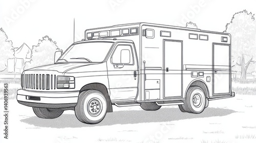 A detailed illustration of an ambulance parked on a city street, surrounded by urban scenery. The design emphasizes the vehicle's importance in emergency services.