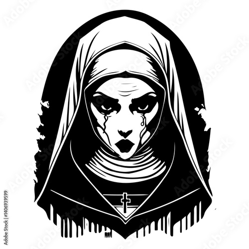 Haunting Nun Portrait with Cross in Graphic Style