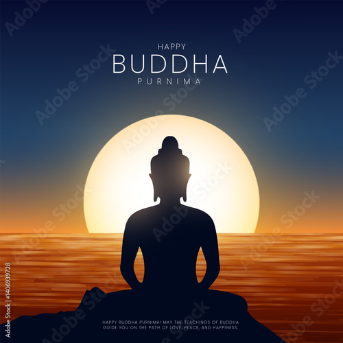 Happy Vesak Day, Buddha Purnima wishes greetings with buddha and lotus illustration. Happy Buddha Purnima, Happy Vesak Day, wishes greetings with a buddha minimal vector illustration. 