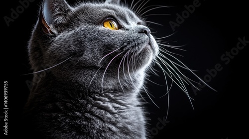 Close-up of a gray cat, looking upwards