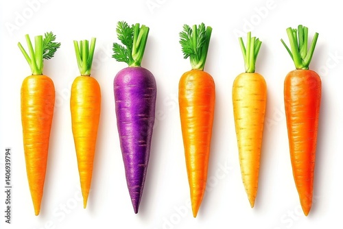 fresh carrots different colors purple, yellow, orange on white background in a row