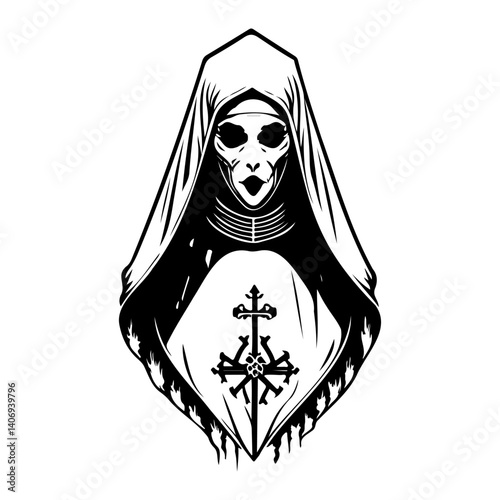 Eerie Nun Silhouette with Inverted Cross Motif