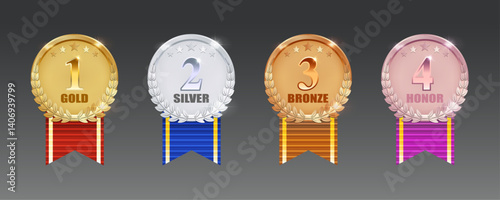 Gold, Silver, Bronze, and Rose Honor Medals – Vector Set of 1st, 2nd, 3rd, and 4th Place Award Badges with Ribbons for Winners and Achievements