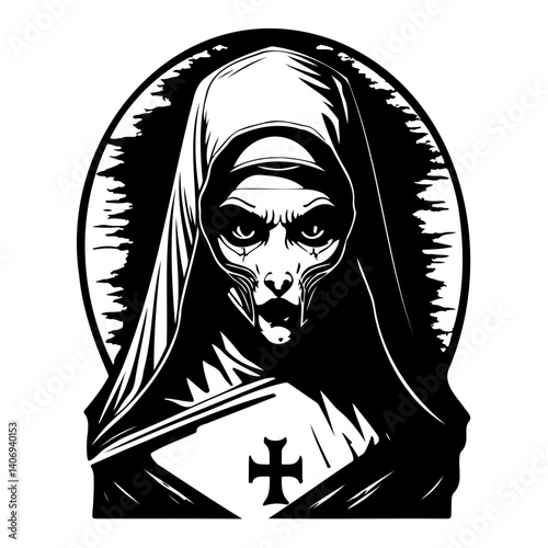 Creepy Nun Vector Art in Black and White Tones