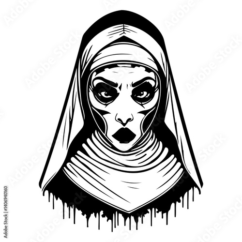 Sinister Nun Illustration in Sharp Black and White