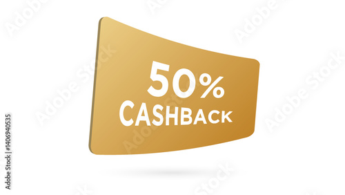 3d golden 50% cashback coupon flying, isolated on white background. Gift voucher for cashback banner template in 3d vector
