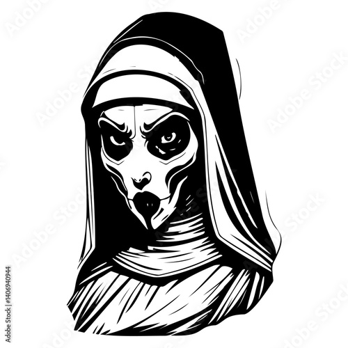 Monochrome Demonic Nun Illustration Artwork