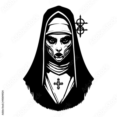 Black and White Graphic of a Sinister Nun Figure