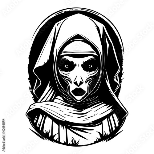 Enigmatic Nun Portrait in Dark Monochromatic Shade