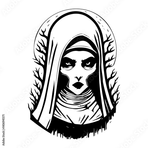 Grim Nun Portrait with Branch Adornments Art