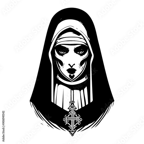 Sinister Nun Portrait in Stark Black and White