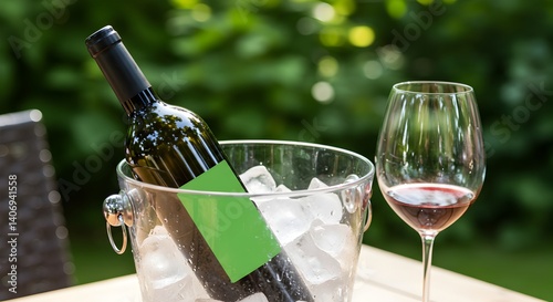 Chilled red wine bottle in ice bucket with glass on outdoor table, enjoying life