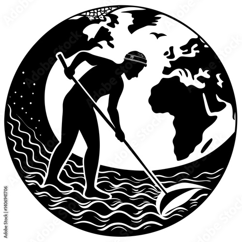 Silhouette of a person cleaning a beach, saving oceans, Earth Day volunteer