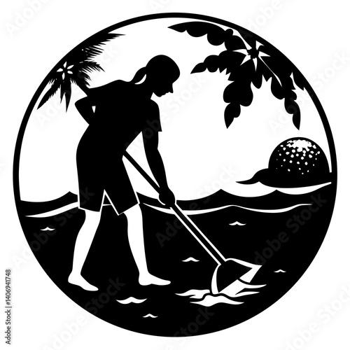 Silhouette of a person cleaning a beach, saving oceans, Earth Day volunteer