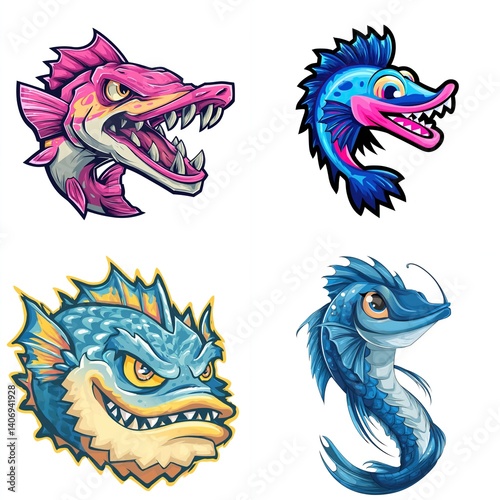 Wallpaper Mural Four cartoon fish head illustrations. (1) Torontodigital.ca