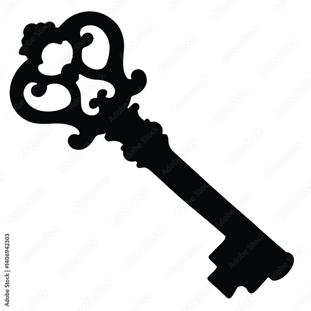 Black and white silhouette of key, clean vector object design for digital, print, and branding Black and white silhouette of key, clean vector object design for digital, print, and branding