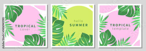 Summer Tropical abstract backgrounds set. Design with jungle leaves. Vector illustration for banner, poster, cover, sales
