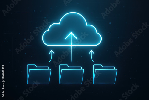 Illustration technologique de transfert de fichiers vers le cloud – dossiers envoyés en ligne, icône flèche et stockage distant, concept de sauvegarde de données numérique
