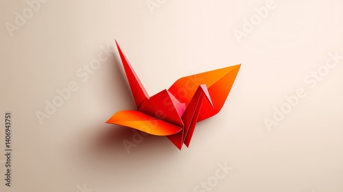 Red Origami Crane Pixel Art on Beige Background