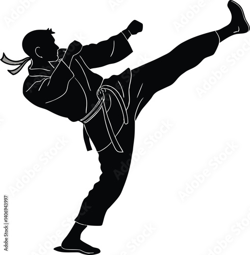 Karate kick silhouette in black and white, energetic vector for martial arts design	