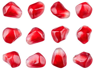 Pomegranate seeds isolated png. Pomegranate seed on white or transparent background. Pomegranate seeds collection no background top view. Transparent png. Full depth of field.