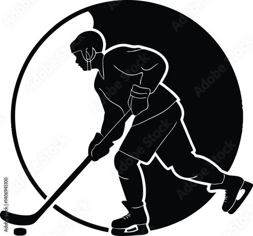 A hockey player silhouette in a skating motion with a stick, outlined cleanly. Perfect for cold-weather sports branding and team identity.	