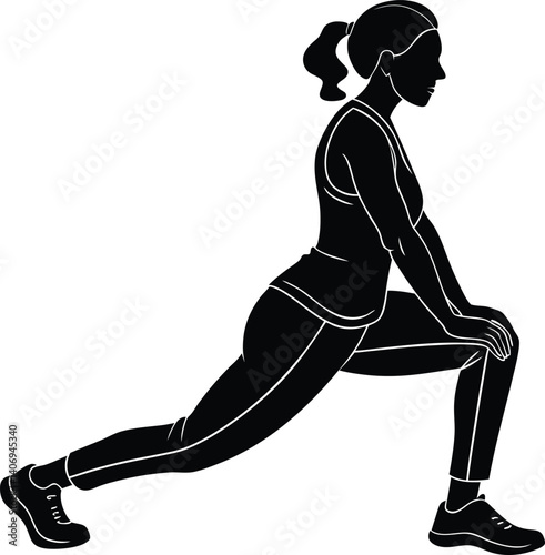 A silhouette of a woman doing side lunges, illustrated in clean black lines. Perfect for bodyweight training and flexibility brands.	